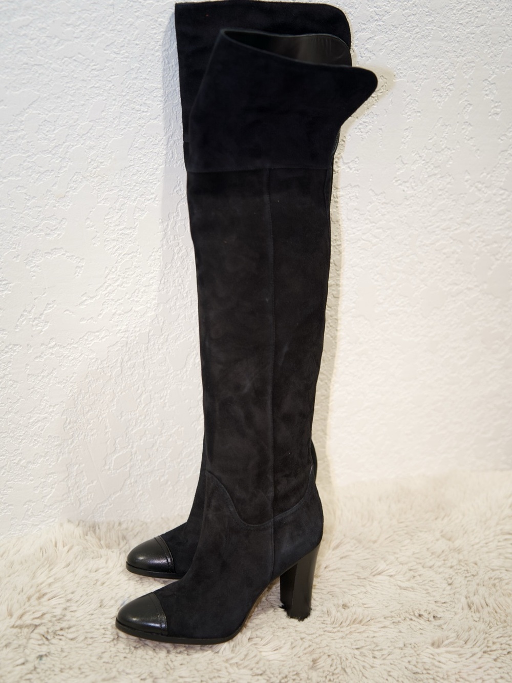 Veronica Beard Black Suede Knee Boots with Leather Cap Toe